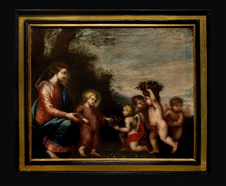 olio su tela "Madonna con bambino e putti" 