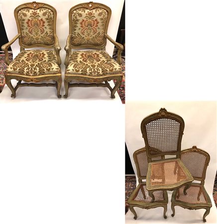 coppia di poltrone + tre sedie laccate e dorate 