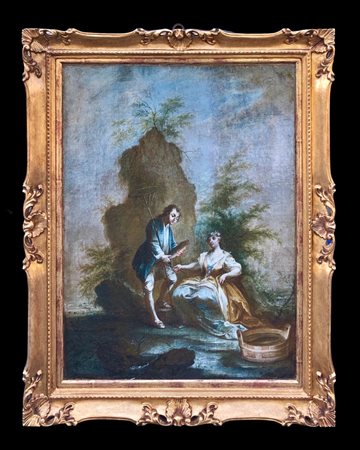 olio su tela raff.scena galante tra pescatori 