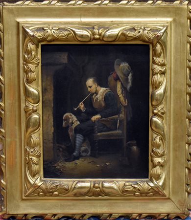 DIPINTO (-) <br>olio su tavola raff.uomo con pipa 