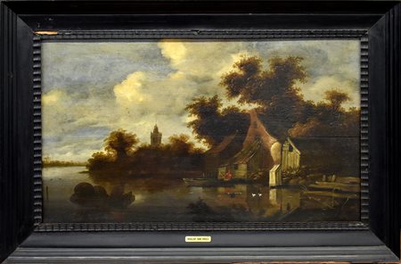 olio su tavola di rovere raff.paesaggio lacustre 