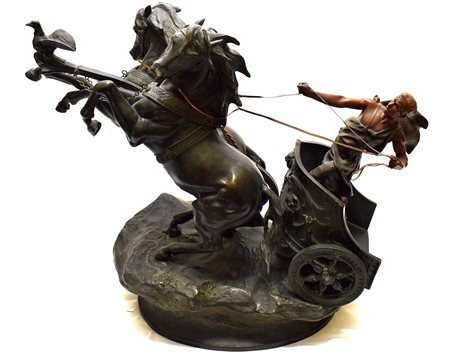 scultura in metallo raff.biga con cavaliere e 