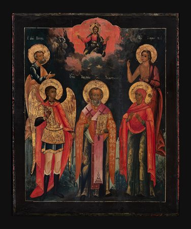 icona "Gesù con 5 santi" sec.XIX<br>cm. 52,5x52,5