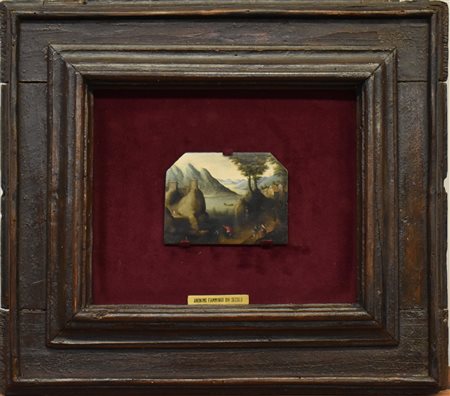 olio su ardesia raff.paesaggio fluviale con 