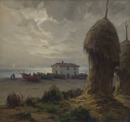 BUONO LEON GIUSEPPE (1887 - 1975) - Paesaggio marino con barche e personaggi. .