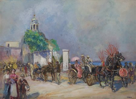 LABELLA VINCENZO (1872 - 1954) - Paesaggio con personaggi e carrozza.