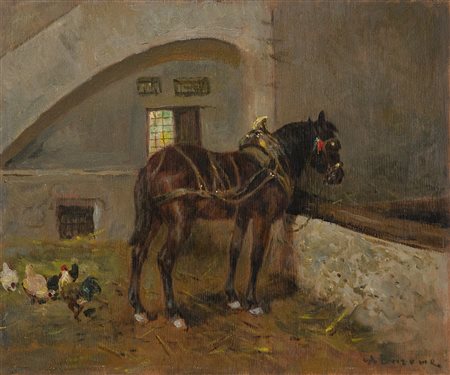FABBRICATORE NICOLA (1888 - 1962) - Interno di stalla con cavallo e galline.