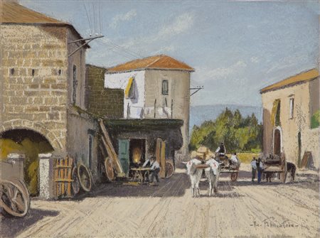 FABBRICATORE NICOLA (1888 - 1962) - Paesaggio con carrozze e personaggi. .