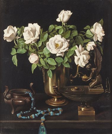 CROATTO BRUNO (1875 - 1948) - Vaso di rose bianche con lucerna.