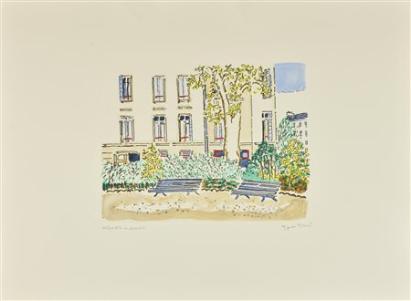 Orfeo Tamburi GIARDINO PARIGINO incisione su carta colorata a mano, battuta...