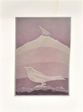 Francesco Casorati UCCELLINI incisione su carta, battuta cm 49x31,5, su...