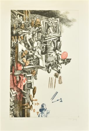Rudi Gorog NOZZE AL'ATTICO incisione su carta Fabriano, battuta cm 56x35, su...