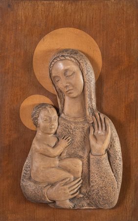 Manifattura Bordoli, Scultura in terracotta patinata raffigurante “Madonna con Bambino”, Anni ‘30.