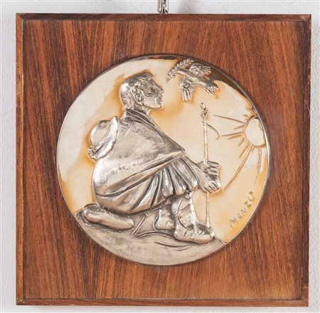 Giacomo Manzù (Bergamo 1908 – Aprilia 1991), Bassorilievo in argento raffigurante San Francesco.