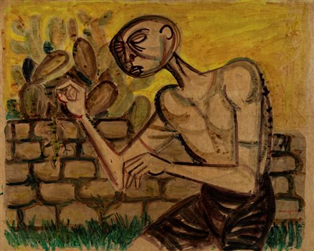 Giuseppe Migneco (Messina 1908-Milano 1997)  - Ragazzo con ramarro, 1970