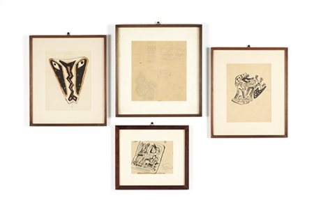 Gruppo di quattro bozzetti per studi decorativi su ceramica. Matita, pastello c