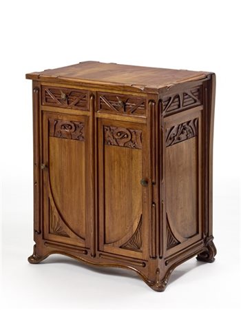 Mobiletto Liberty in legno massello intagliato a decori floreali a due cassetti