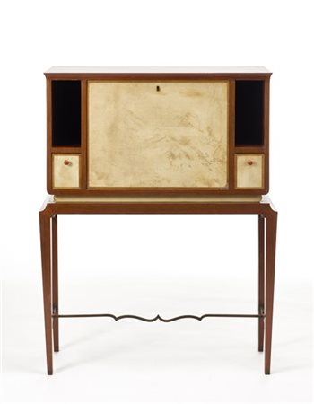 Secretaire Novecento con struttura in legno impiallacciato e pergamena, parti l