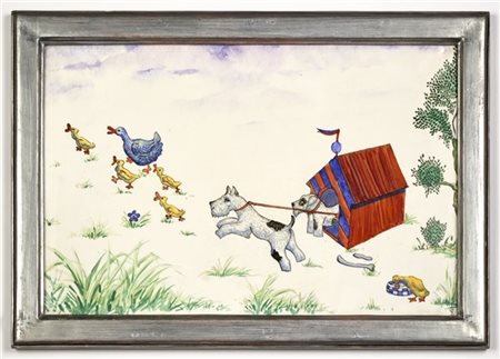 Placca in ceramica smaltata sotto vetrina in policromia con cani e papere. Ital