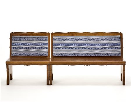 Panca e panchetta rustici in legno massello, schienale imbottito e rivestito in