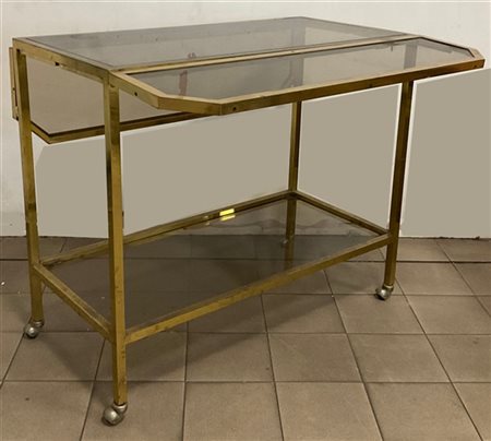 Carrello portavivande ad alette laterali, struttura in ottone, piani in vetro f