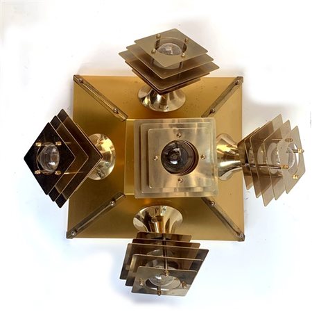 Lotto composto da una lampada da soffitto a cinque luci in metallo cromato, str