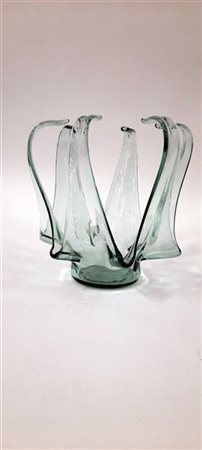 Fruttiera in vetro stampato azzurrino. Seconda metà secolo XX. (h cm 23  d cm 2