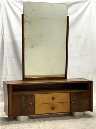 Toilette Novecento con specchiera a due antine e due cassetti in legno impialla