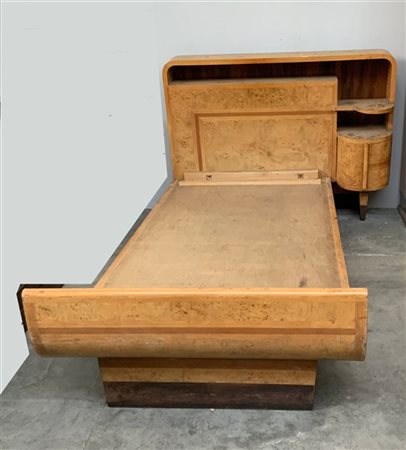 Letto singolo Novecento in legno chiaro massello e impiallacciato in radica, te