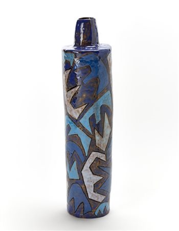 Vaso in ceramica smaltata con decori astratti nei toni del celeste, blu oltrema