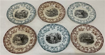 Gruppo di sei piatti del secolo XIX in ceramica decorati con decalcomanie raffi