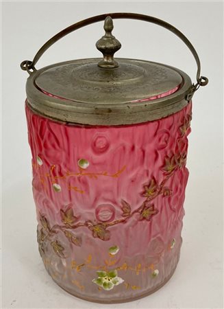 Biscottiera in vetro rosa dipinta in policromia con rami fioriti con coperchio