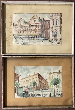 Firma indecifrata "Scorci di Ferrara" 1955, acquerelli su carta. Firmati e data