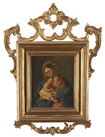 Ignoto, antico dipinto raffigurante Madonna con bambino. Olio su tela (cm 28x23