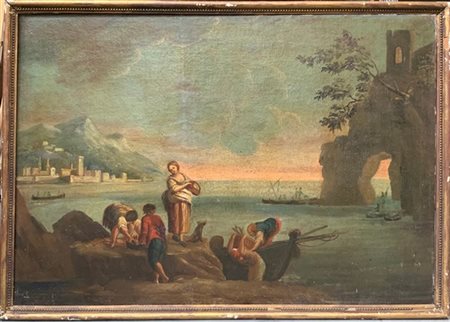 Scuola veneta del XVIII secolo, coppia di paesaggi con figure, olio su tela (cm