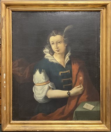 Ignoto , antico dipinto ad olio su tela raffigurante Dama con fiore (cm 82,5x64