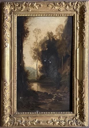 Ignoto "Paesaggio" olio su metallo (cm 44x26,5) in cornice in legno intagliato