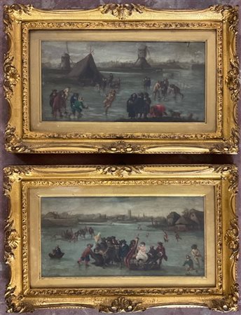 S. Dryereux Coppia di dipinti ad olio su tavola raffiguranti "Pattinatori sul gh