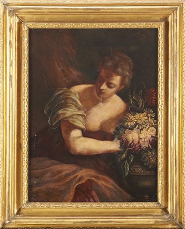 Scuola del XIX secolo, Flora. Olio su tela ( cm 75,5x56,5) in cornice in legno