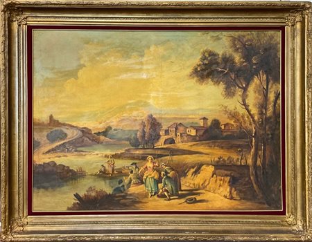 Ignoto, dipinto raffigurante figure in un paesaggio, olio su tela (cm 88x120) i