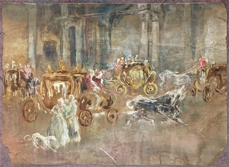 Firma indecifrata "Veduta con dame e carrozze" tecnica mista su carta (cm 42x56