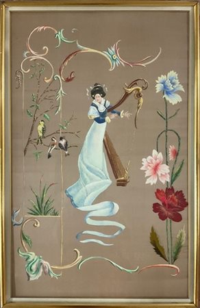 Pannello su seta color nocciola dipinto e ricamato in seta policroma raffiguran