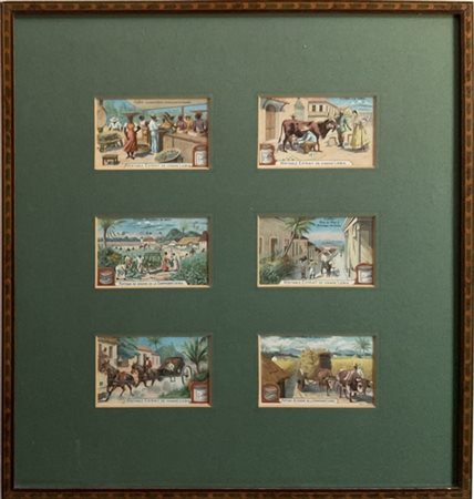 Cornice contenente sei cartoline Liebig raffiguranti attività agricole e commer