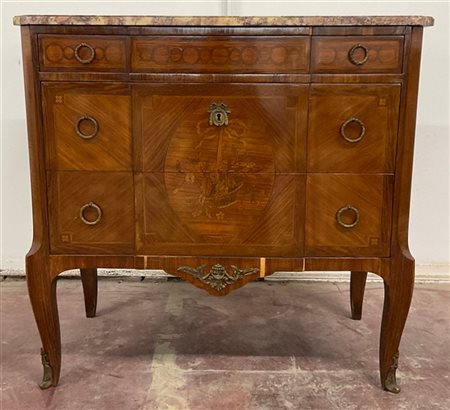 Comò a due cassetti grandi e uno piccolo sottopiano, lastronato e intarsiato in