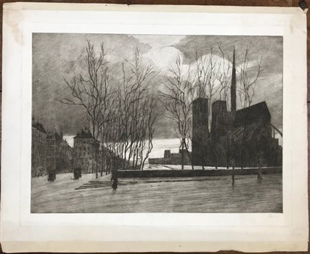 Ignoto del secolo XX, incisione raffigurante viale alberato in città, firmato i