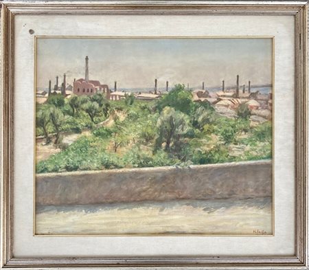 N. Failla "Paesaggio con ciminiere" olio su tela (cm 45.5x55) Firmato in basso a