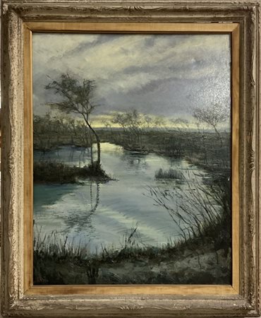 Firma indecifrata, "Paesaggio lacustre", olio su tela (cm 101x80), firmato in b