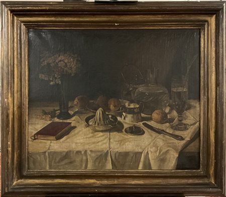 P. Kennel "Natura morta con frutta, fiori e libro", olio su tela (cm 59x73), fir
