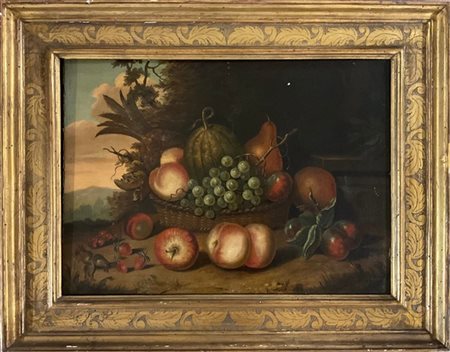Ignoto "Composizione con canestra di frutta" olio su tela (cm 45x61), in cornic