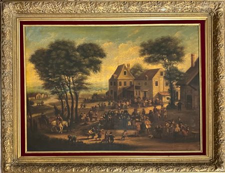 Ignoto "Scena di paese" olio su tela (cm 74x99) in cornice 

(difetti e restaur